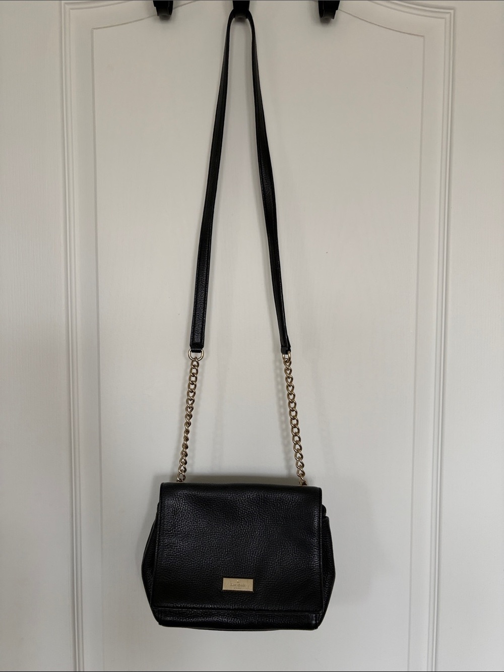 kate spade Black Leather Crossbody with Gold Chain Detail